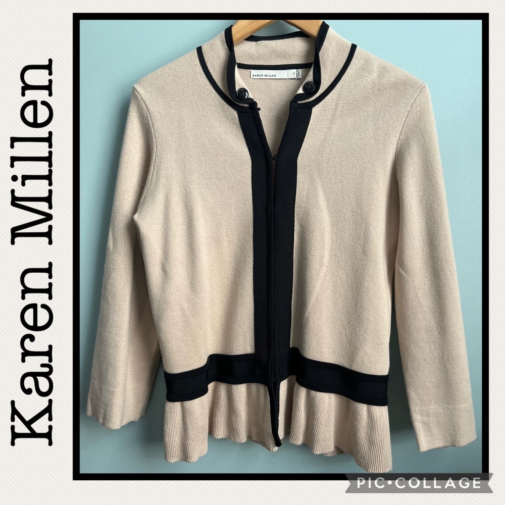 Karen Millen Tan Cardigan with Black Accent Size 4